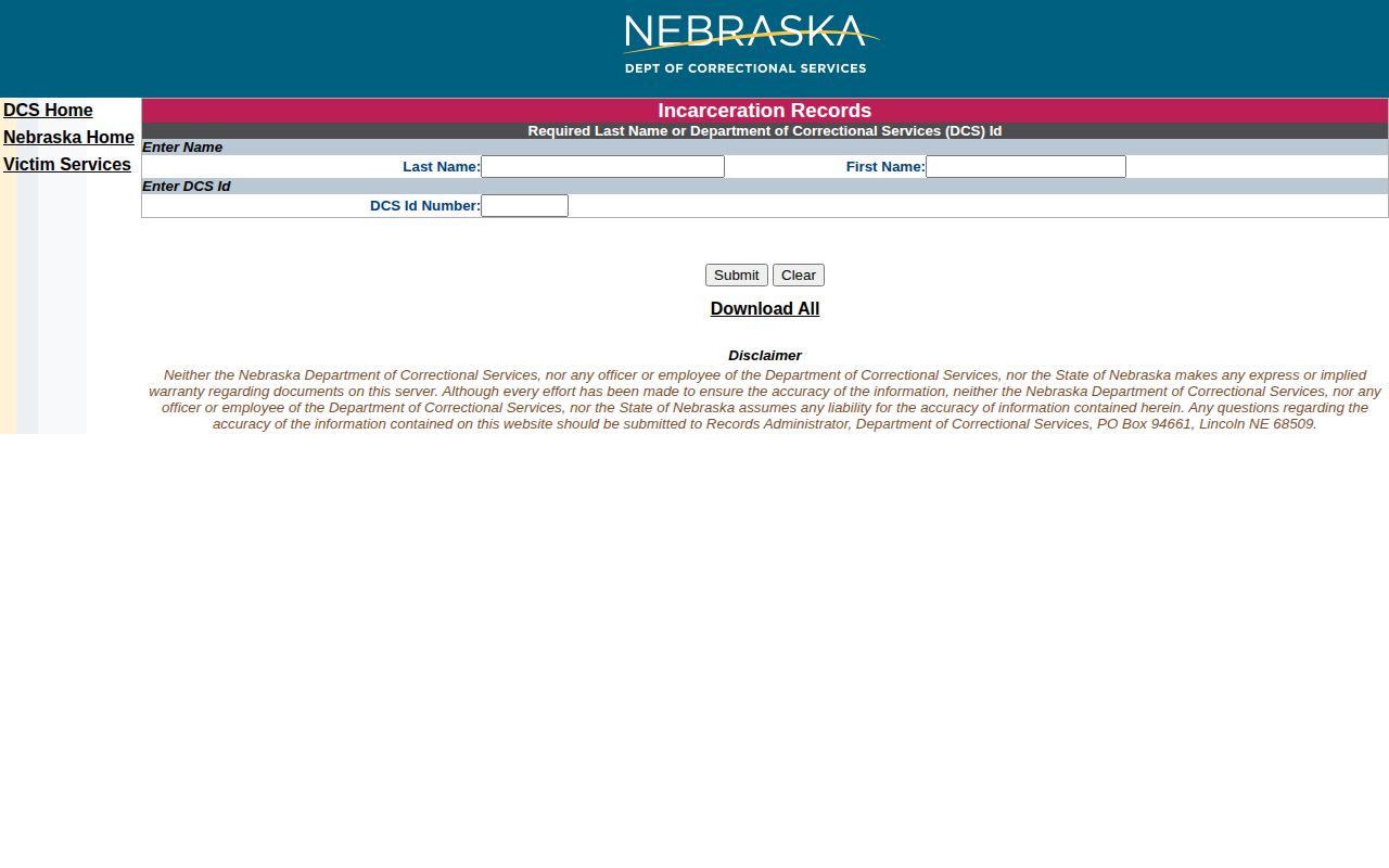 Garden County state-corrections record search on the NDCS incarceration interface