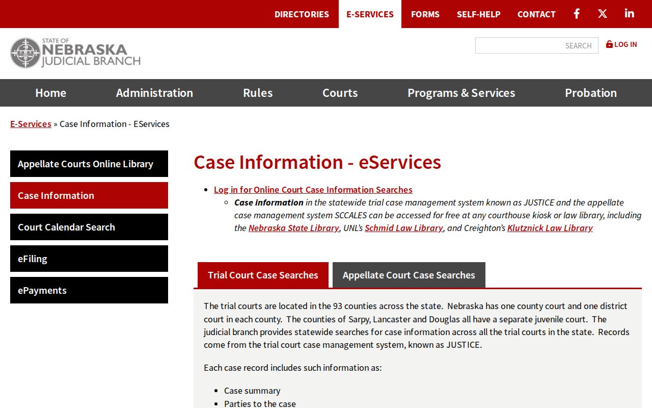 Garden County court-record lookup guidance from Nebraska Judicial Branch eServices