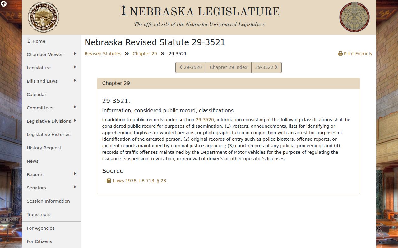 Garden County booking-photo public-record statute on the Nebraska Legislature website